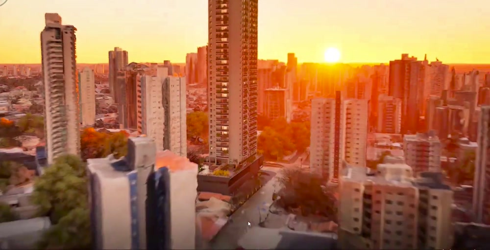 Edifício residencial inserido no entorno real da cidade ao pôr do sol